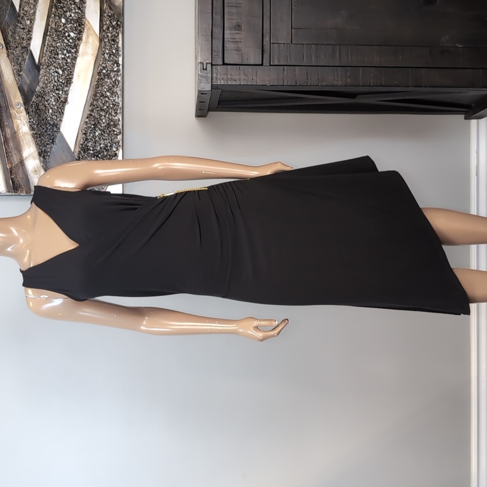 Michael Kors Asymmetric Midi Dress Gold Zipper Sleeveless Black Size Medium - Picture 2 of 12